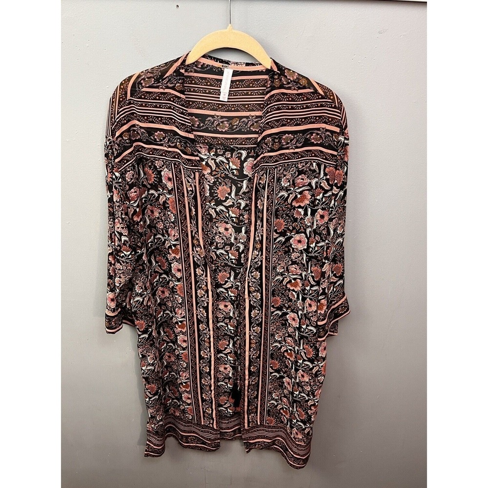 Xhilaration Kimono Womens M Black Pink Floral Boho Open Front Tassel Cardigan